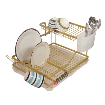 جاظرفی آلومینیومی طلایی آلبا مدل یک‌ونیم طبقه با چیدمان ظروف داخل کابینت آشپزخانه – مناسب برای نگهداری بشقاب و لیوان