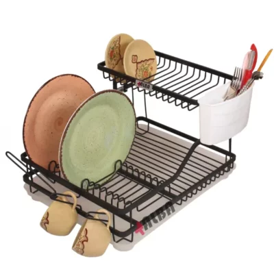 جاظرفی آلومینیومی مشکی آلبا مدل A1045 با ظروف چیده‌شده – دارای جای بشقاب، لیوان و قاشق با سینی آبگیر زیرین