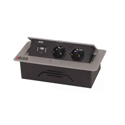 تصویر پریز توکار دو سوکت برق به همراه دو خروجی USB نقره‌ای رنگ مارک آلبا کد L1004