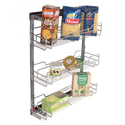 سبد سوپر پهلو آلبا مدل سه طبقه فلزی با کف توری و ریل ساچمه‌ای در حالت بارگذاری شده