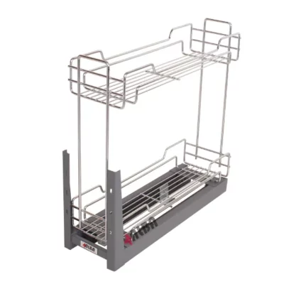 سبد دو طبقه کشویی آلبا با ریل کف تاندم آرام‌بند و نصب مستقیم به درب کابینت، مناسب یونیت‌های 20 تا 30 سانتی‌متر
