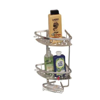 نمای جانبی سبد کنج حمام آلومینیومی دو طبقه آلبا رنگ نقره‌ای مدل A1080 با طراحی کف ورقی مثلثی