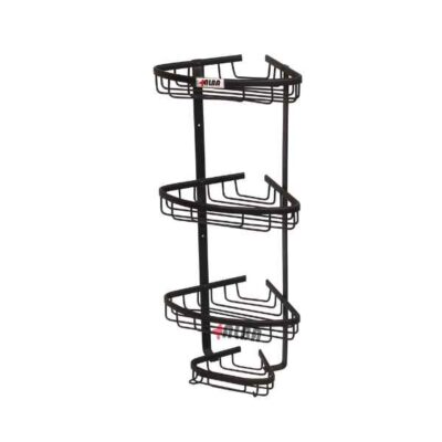 سبد کنج حمام آلومینیومی سه طبقه مشکی آلبا مدل A1069، مناسب نصب در گوشه دیوار حمام، مقاوم در برابر بخار و رطوبت