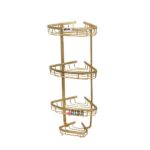 نمای کامل سبد کنج حمام آلومینیومی سه طبقه طلایی آلبا مدل A1071، طراحی شیک و براق مناسب فضای لوکس