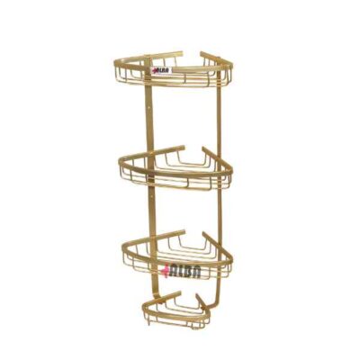 نمای کامل سبد کنج حمام آلومینیومی سه طبقه طلایی آلبا مدل A1071، طراحی شیک و براق مناسب فضای لوکس