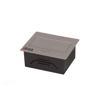 پریز دو سوکت برق نقره‌ای کد 1046 آلبا نصب‌شده در سطح میز با درپوش بسته