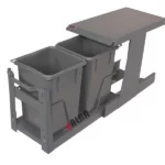 سطل زباله دو مخزنه ریلی کف آلبا با ریل تاندم آرام‌بند مناسب یونیت ۴۰ سانتی‌متر، نصب‌شده داخل کابینت با طراحی توکار