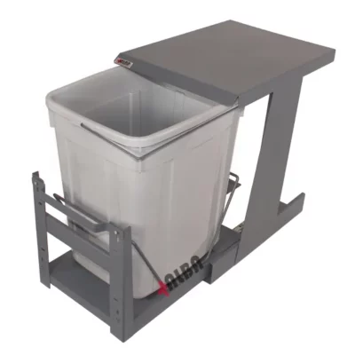 سطل زباله ریلی تک مخزنه آلبا مدل S1011 با ریل کف تاندم آرام‌بند و رنگ طوسی روشن، نصب‌شده داخل کابینت یونیت ۴۰ سانتی‌متری